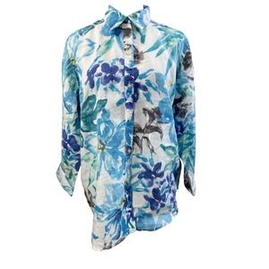 Lauren Ralph Lauren Womens Shirt Large White Blue‎ Floral Tropical Linen Costal